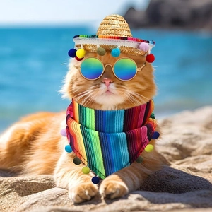 Set de sombrero de paja y pañuelo a rayas para gato con gafas de sol en la playa
