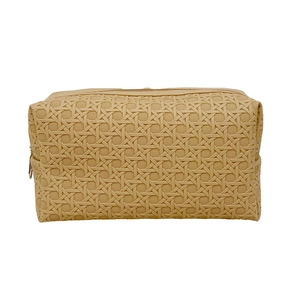 Portable beige woven texture cosmetic bag with top zipper closure on white background