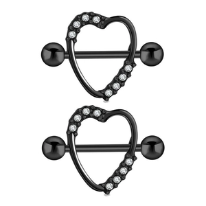 Pair of black heart-shaped nipple rings with sparkling white zircon insets on white background