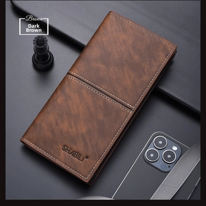 Detail view of a long dark coffee retro leather wallet with stitching and embossed logo