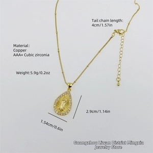 Detailed view of 18K gold plated Mary pendant with AAA+ cubic zirconia and size specs