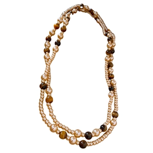 Retro multi-layer faux tiger eye and pearl long necklace for autumn winter outfits