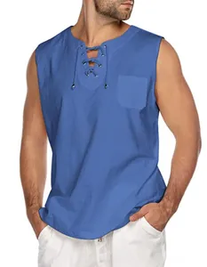 Close-up of royal blue linen vest with lace-up V-neck and front pocket detail