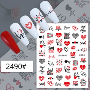 Close-up of JO-2490 nail stickers featuring red hearts and romantic love typography