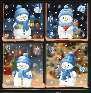 Detail showing four cute snowman window stickers with snowflakes and blue gift boxes