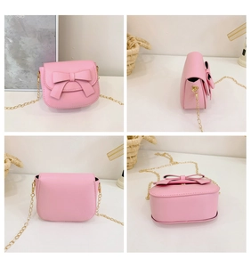 Detailed four-angle views of a pink girls' crossbody bag with a sweet bow and metal chain