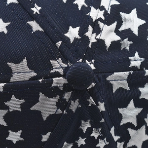 Macro detail of navy blue baseball cap with silver glitter star print and stitched button