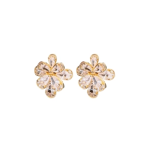 Sparkling zircon flower stud earrings in gold finish with elegant water drop accents