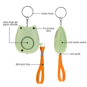 Detail view of portable personal alarm keychain with LED lamp and pull ring components