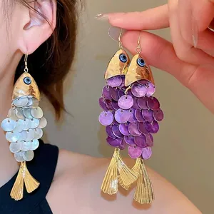 Fish Shape Dangle Earrings Bohemian Gold Alloy Shimmering Shell Scales Evil Eye Blue Accents Vacation Jewelry Women