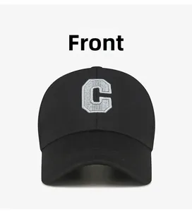 Detailed embroidery of the large C letter on a black stylish textured baseball cap
