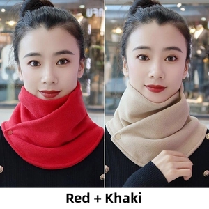 Close-up of red and khaki fleece neck warmers with metal snap button closures