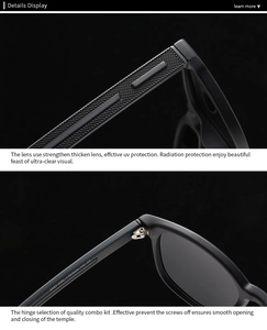 Detail of polarized sunglasses showing anti-slip temple texture and reinforced hinge