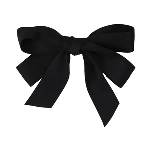 Elegant French black satin bow hair clip with flowing ribbons for side ponytail styling