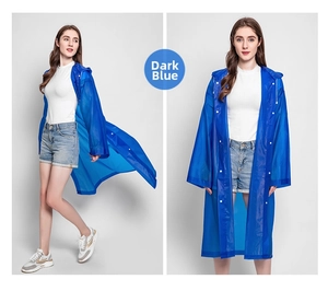 Detail view of dark blue semi-transparent EVA hooded raincoat with snap button closure
