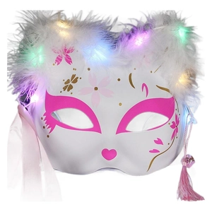 Luminous LED fox mask with white feathers, pink floral patterns and silk ribbons