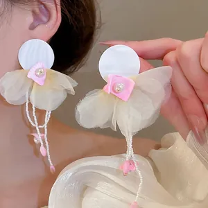 Chiffon Flower Petal Tassel Earrings With Silver Earring Post Faux Artificial Pearl Beaded Romantic Sweet Jewelry For Women