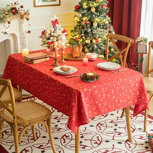 Christmas Tablecloth Polyester Gold Stamping Snowflake Bells Printed Scalloped Edge Festive Xmas Holiday Dinner Decor