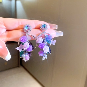 Boucles D'oreilles Pendantes Fleur Violette Papillon Avec Tige En Argent Alliage Cristal Strass Élégant Bijoux Gland Pour Femmes