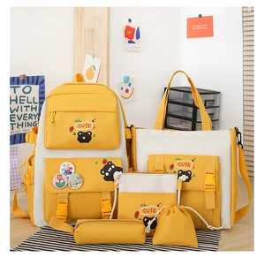 Detailed five-piece nylon backpack set in yellow and beige with cute bear pattern