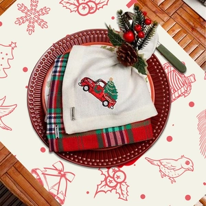Manteles individuales navideños con bordado de camión rojo y patrón de cuadros clásicos