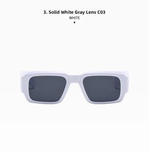 Detail view of white thick frame rectangle sunglasses with dark grey lenses C03