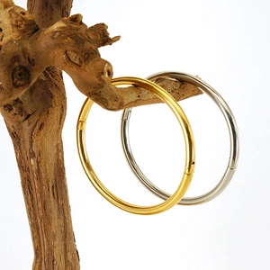 Minimalist 18K gold and silver stainless steel bangles displayed on natural wood branch