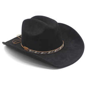 Close-up of black suede cowboy hat featuring ethnic braided bead band and curved brim