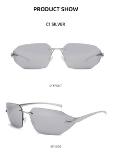 Detailed front and side views of silver rimless sunglasses with sleek metal temples