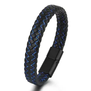Men's multi-layer black PU leather woven bracelet with blue fiber cord and magnetic clasp