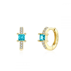 Elegant 925 sterling silver gold earrings with square blue zircon and white diamonds