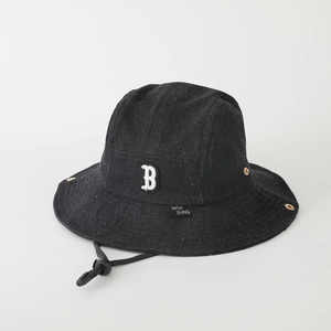 Close-up of black denim kids bucket hat with letter B embroidery and adjustable chin strap
