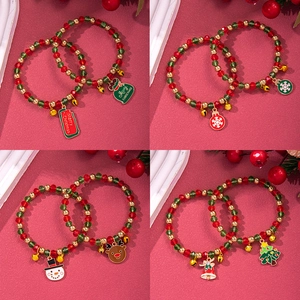 Christmas Beaded Bracelets Red Green Gold Crystal Alloy Santa Snowman Elk Charm Elastic Festive Party Jewelry Gift