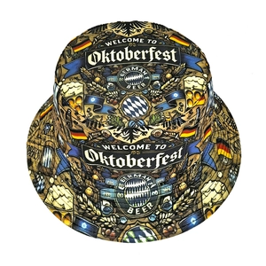 Oktoberfest themed bucket hat featuring festive beer and pretzel patterns for outdoor sun shade