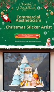 Detail of 3D Christmas tree and snowman UV static window stickers on a glass pane