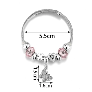 Adjustable stainless steel crown bead bracelet with pink crystal and butterfly pendant
