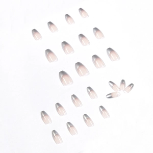 French tip press-on nails with silver mirror metallic edges on nude base, almond shape
