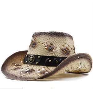 Western straw cowboy hat with hollow weave and gradient brim on white background