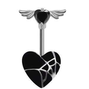 Macro detail of gothic bat heart belly ring with silver spider web pattern inlay
