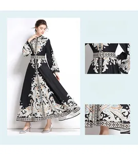 Détails de robe longue vintage à imprimé paisley avec taille haute et ceinture assortie