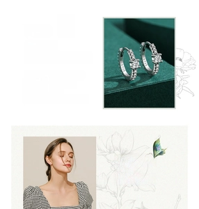 Close-up of S925 sterling silver turquoise earrings with white zircon on a model