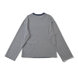 Detailed flat lay of navy blue and white striped long sleeve t-shirt with crew neck design