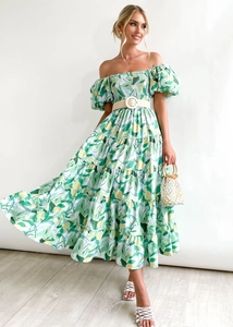 Detail of off-shoulder puff sleeve dress with floral print and woven waist belt