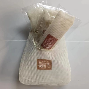 Wall-mounted mesh storage bag for ginger and garlic with decorative PU leather patch