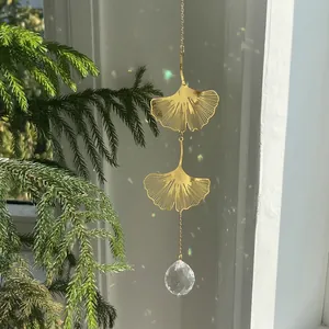 Golden ginkgo leaf suncatcher with crystal prism for garden window decoration