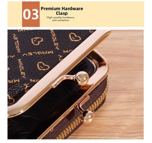 Detail of premium rose gold metal clasp and zipper on heart pattern leather wallet