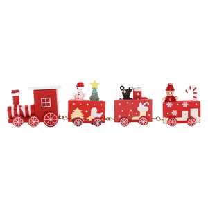 Red wooden four-section Christmas train with Santa and snowman on white background