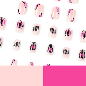 Pink and black graffiti press-on nails with love patterns and short square round shape