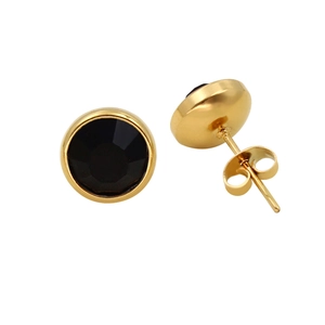 Detail of 18K gold stainless steel stud earrings with round black zircon inlay
