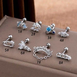 Surgical steel cartilage stud earrings set with zircon and opal in moon and planet shapes